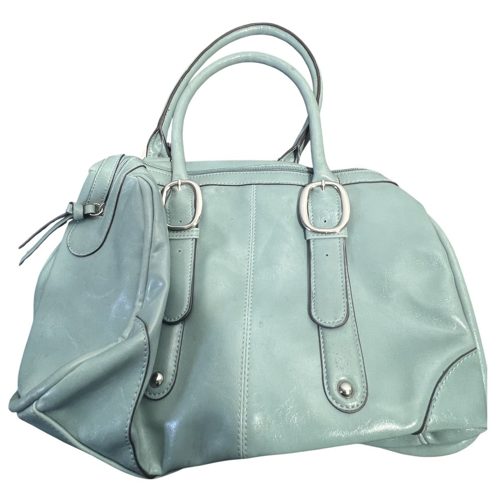 Stylish Light Teal Faux Leather Satchel Handbag Shoulder Bag with Buckles